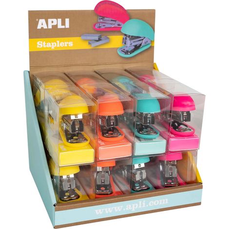 Grapadora 11-30 Hojas marca APLI modelo Apli Expositor de Grapadoras Fluor Collection - Tamaño 63mm - 16 Unidades en 4 Colores Intensos - Incluye 1000 Grapas Plateadas por Grapadora