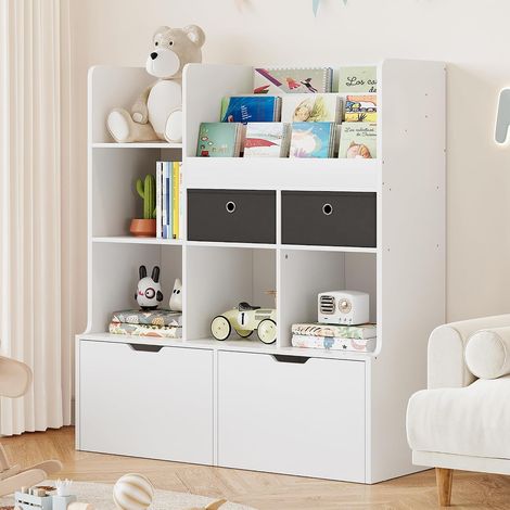 Bibliothèque Enfant Blanche avec 7 Compartiments et 4 Tiroirs, Rangement Livres & Jouets