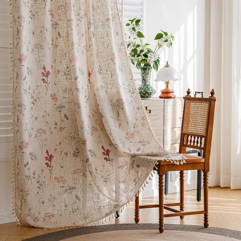 Rideaux de salon style bohème, 1 pièce, voilages longueur sol, motif champêtre (150x200 cm) (1/5)