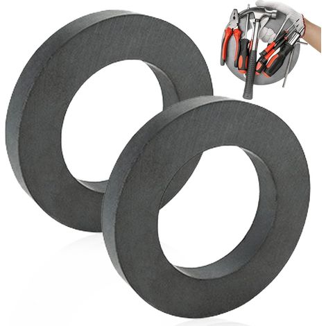 Lot de 2 anneaux magnétiques, Ø 70 mm x 32 mm x 15 mm en ferrite avec trou, anneau magnétique résistant avec anneau perforé, pour industrie, bricolage, projets scientifiques (1/5)