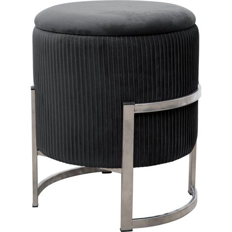Akord – Pouf de rangement en velours noir – Couvercle – Hauteur 46 cm – Base en acier argenté – Charge maximale 80 kg (1/5)