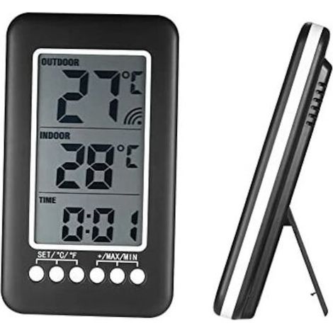 Thermomètre sans fil intérieur et extérieur 2 en 1 avec horloge, portée 100 m, support design, station météo (1/2)