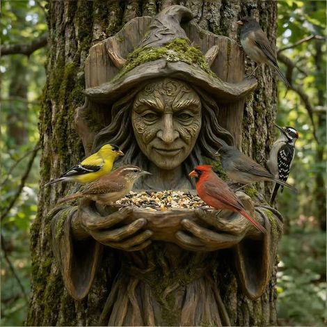 Tree Mounted Bird Feeder Sculpture Artistic Bird Feeding Garden Statue Ornament Outdoor Millennial Ancient Tree Bird Feeder with Hidden Keyhole Hanger Design (1/4)