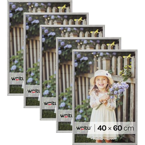 Lot de 5 Cadre Photo 40x60 cm WOLTU, Cadre en Bois Massif, Décoration Murale ou sur Table, avec Passe Partout, Argenté