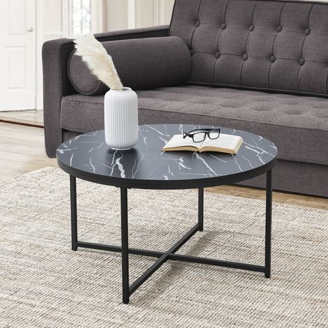 Tavolino Basso da Salotto 'Uppvidinge' con Piano Rotondo in Effetto Marmo Nero e Gambe a Croce color Nero [en.casa] (1/4)