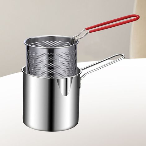 Friteuse profonde en acier inoxydable, mini-poêle portable et durable à long manche avec passoire pour la maison (1/5)