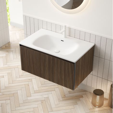 Meuble sous vasque suspendu 80 cm bois foncé avec vasque blanche, tiroir à fermeture douce et trop-plein, prémonté pour salle de bains – de FLORAGRACE (1/5)
