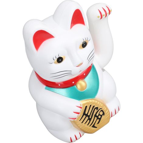 Chat porte-bonheur avec patte qui agite, 18 cm, en plastique blanc, fonctionne à piles. Ornement porte-bonheur idéal pour la maison, l'hôtel, le bureau ou comme cadeau de pendaison de crémaillère. (1/5)