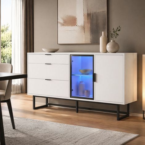 Buffet enfilade 160 cm avec vitrine en verre, éclairage LED, 3 tiroirs et placard, blanc DESVIAE (1/5)