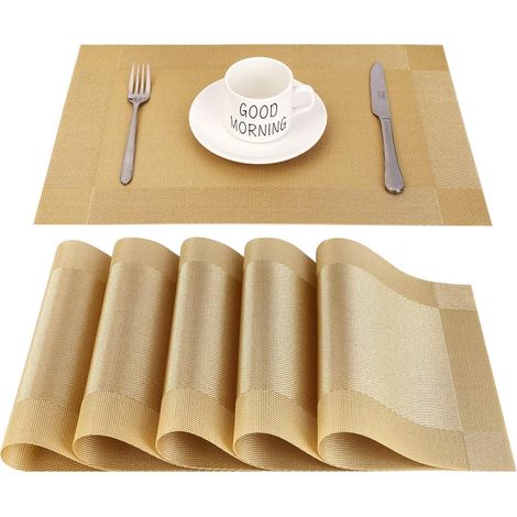 Lot de 6 Set de Table PVC Antidérapant Rectangulaire Doré Résistant Chaleur Lavable pour Cuisine Salle à Manger