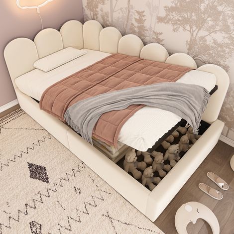 Divano letto in velluto beige 90x190 cm con contenitore idraulico e rete a doghe in metallo