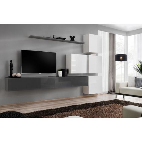 Ensemble mural - Switch IX - 4 vitrines carrées - 2 bancs TV - 1 étagère - Blanc et graphite - Modèle 2 - Livraison gratuite