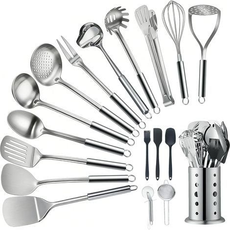 Lot de 18 Ustensile de Cuisine en Acier Inoxydable, Avec Spatule, Louche, Pelle, Spatule Fendue, Passoire, Fourchette à Viande, Cuillère à huile, Batte à œufs, Presse-Purée, Roulette à Pizza, Brosse (1/5)
