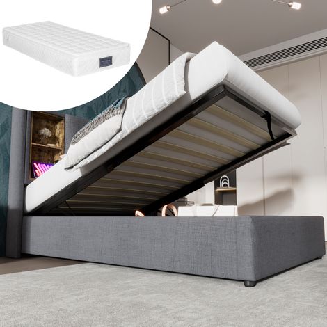Lit rembourré 90x200 cm avec tête de lit de rangement, charge sans fil, USB-C, coffre relevable à vérin, gris (1/5)