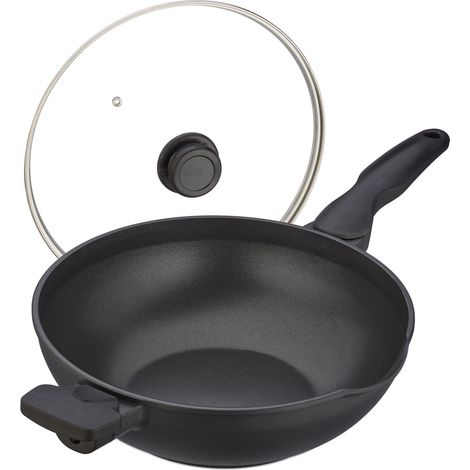Relaxdays Wok with Glass Lid, Ø 30 cm, Aluminium, Non-Stick Coating, Gas & Electric Hobs, Stir Fry Pan, Handles, Black (1/5)