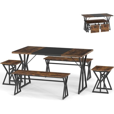 COSTWAY Set da Pranzo 5 Pezzi per 4-6 Persone, Tavoloda Cucina Rettangolare Industriale con 2 Panche e 2 Sgabelli, Set Pranzo Salvaspazio con Struttura in Metallo per Appartamento e Angolo Colazione (1/5)