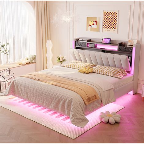 lit adulte rangement 140x200 led usb beige tissu moderne OKMYHOME (1/5)