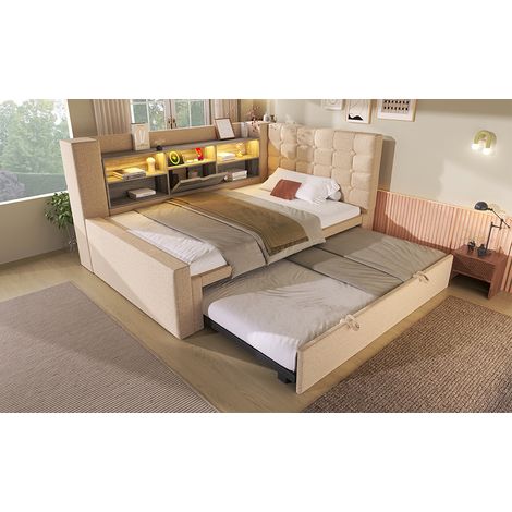 Cama nido tapizada en lino y metal beige 90x200 cm con cama extra, LED, USB y almacenaje (1/5)
