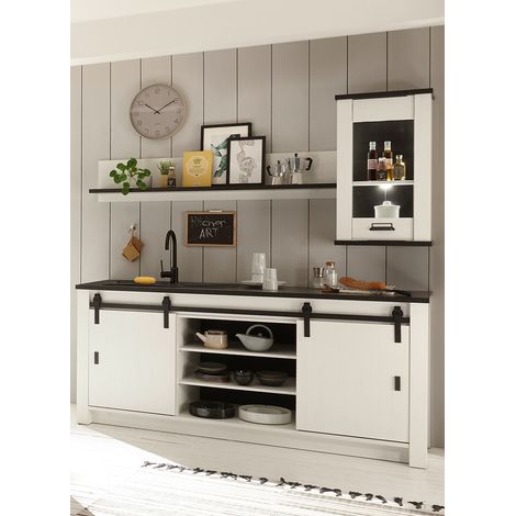 Küchen Set mit Spültisch, Hängeschrank und Wandregal SHELTON-61 in Pinie Weiß Nb. mit anthrazit (1/5)