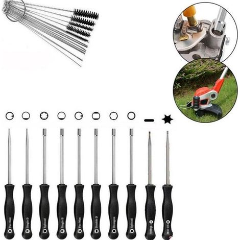 Set di 10 attrezzi per la regolazione del carburatore - Kit con cacciavite e spazzola per la pulizia del carburatore - Adatto per tagliasiepi e tosaerba - Nero (1/5)