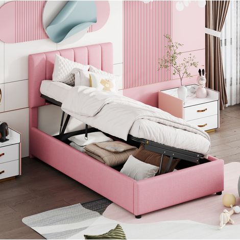 Lit enfant 90x200 cm rose en lin rembourré avec rangement hydraulique (1/5)
