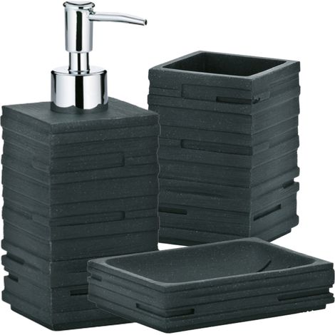Schläfer 285100 Set Bagno con Dispenser Portasapone, Portaspazzolino e Portasaponetta, Accessori in Resina Effetto Pietra Naturale Grigio Antracite, 3 Pezzi