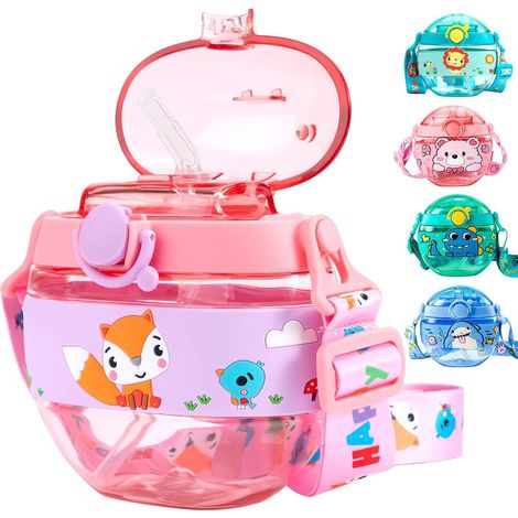 Bouteille d'eau enfant avec paille, sans BPA, bouchon étanche et bandoulière, gourde réutilisable portable pour école, motif renard rose mignon, 14Oz, tasse sippy pour fille et garçon (1/5)