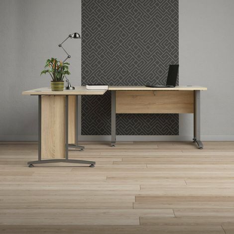 Dmora - Escritorio Heling, Escritorio multiusos, Mesa de oficina para PC, El plan de trabajo, 200x200 h75 cm, Gris y Roble (1/5)