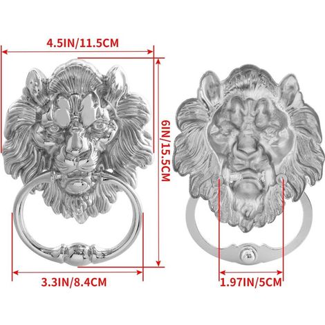 Heurtoir tête de lion avec vis, grand lion argenté pour portes d'entrée et porches principaux (1 pièce) (1/2)