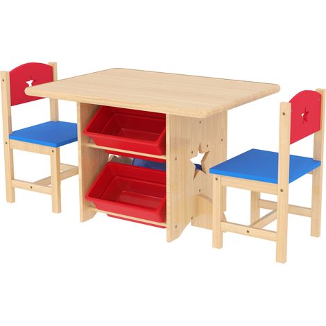 3-teiliger Kindertisch mit 2 Stühlen und 4 Aufbewahrungsboxen aus Naturholz