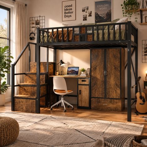 JOOKGBD-Lit Mezzanine Enfant et Adulte 140×200cm Cadre Métallique Noir, Escalier de Rangement Sécurisé, Armoire Amovible avec Tiroir, Garde-corps Mixte, Gain de Place pour Chambre d'Adolescent (1/5)