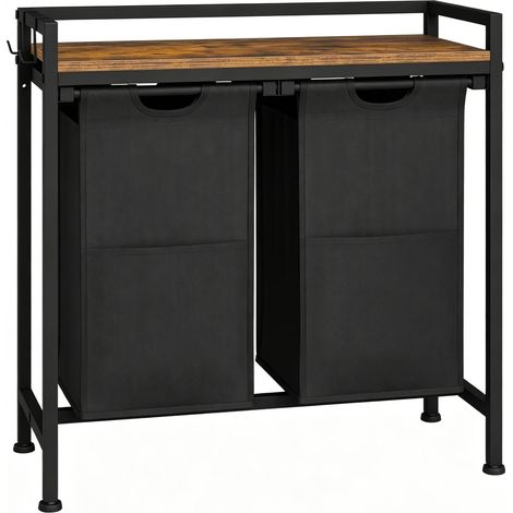 Mueble cesto para ropa sucia con 2 compartimentos 2 x 40 L, estante de madera y ganchos (1/5)