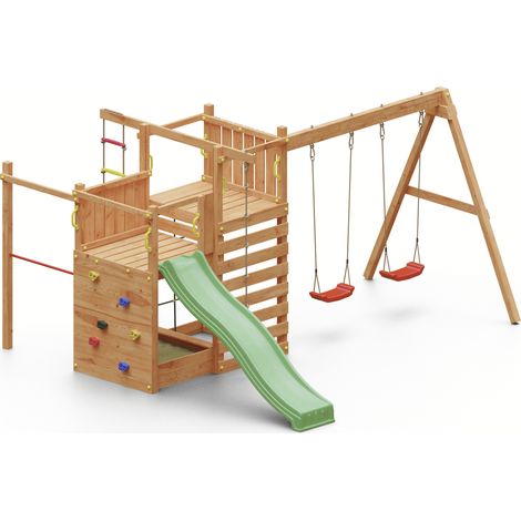 Funni Aire de Jeux Enfant Extérieure – Bois Teck – Toboggan 2,2 m – Balançoire Double – Jusqu’à 10 Enfants – EN 71 (1/5)