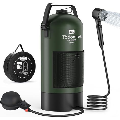 Douche Solaire de Camping à Pression avec Pompe à Pied, 20L Utilisation au Sol, Tuyau 2 m, Sac de Transport Compact, Extérieur, Vanlife, Plage, Rinçage VTT et Chien (1/5)