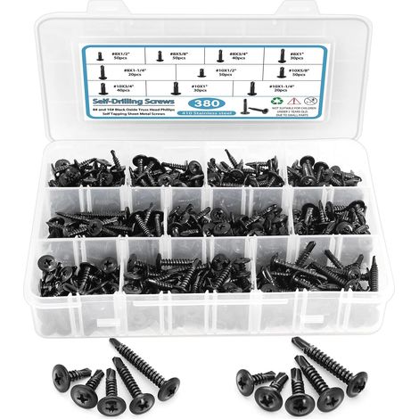 Tornillos autorroscantes para metal, surtido de 380 piezas, tornillos autoperforantes, óxido negro, tornillos autorroscantes de cabeza plana modificada para chapa metálica, longitudes de 1/2" a 1-1/4"