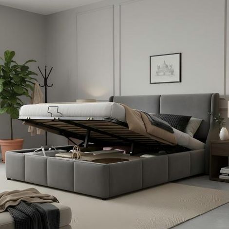 Letto imbottito, testiera a forma di orecchio con cuscino, letto matrimoniale, letto idraulico funzionale, 140 x 200 cm, grigio
