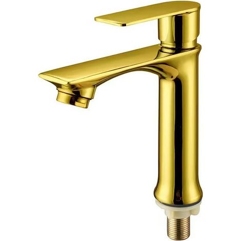 Single-hole bathroom sink faucet with single cold water valve - under-counter sink faucet - long, flat, gold-colored, low-profile model.