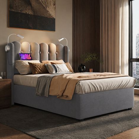 Cama 90x200 cm de terciopelo gris, con almacenaje para dormitorio, sin colchón -FLORAGRACE (1/5)