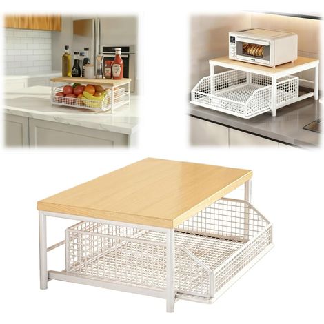 Organiseur de comptoir cuisine avec tiroir et panier  Étagère à 2 niveaux pour cafetière, micro-ondes, grille-pain épices Rangement peu encombrant comptoir, garde-manger (White) White - (1/5)