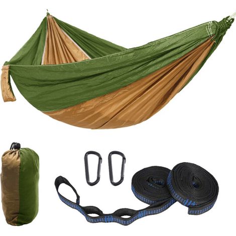 Réduction Hamac Camping Voyage Ultra léger , (270×140cm) resprant, Nylon Parachute séchage Rapide 2 x Premium Carabiners, 2 x elingues en Nylon Compris--vert olive et camel