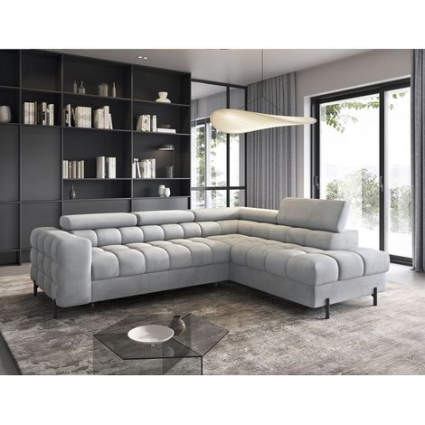 Ecksofa mit Schlaffunktion Sofa AMARA Stoff Paros Hellgrau Ottomane Rechts (1/5)