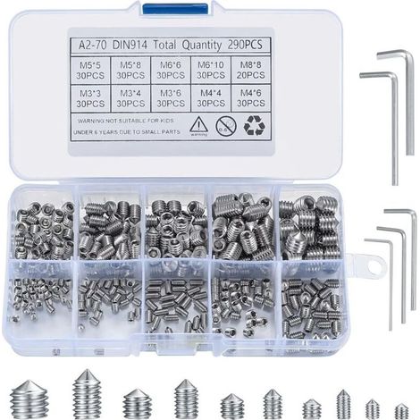 290 Pièces Vis Sans Tête Hexagonale, Vis à Tête Conique, M3/M4/M5/M6/M8 Vis Sans Tête Acier Inox, Vis Filetée Internes pour Poignées de Porte, avec 5 Pcs Clé Allen (1/4)