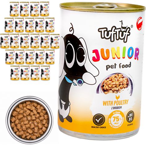 TufTuf JUNIOR Nassfutter für Welpen, Geflügel, Dose 24 x 415 g, Stückchen in Soße (1/2)