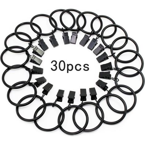30 Pièces Anneaux de Rideaux, avec Métal Pince, Robuste, Antirouille, pour Tringle à Rideaux, 32mm Diamètre Intérieur (Noir) (1/5)