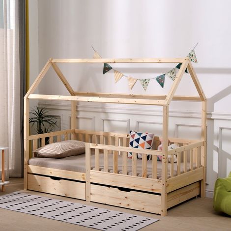 FURNITURE HMD Natural Kids Bed Single Bed Frame with 2 Storage Drawers,Pine Wood Children Bed with Grardrail (1/5)