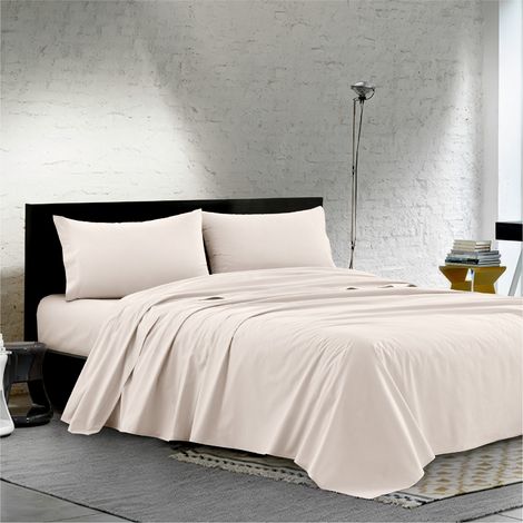 Completo Lenzuola Matrimoniale 100% Cotone Percalle 210 Tc Certificato OEKO-TEX Confezionato in Italia Lenzuolo con Angoli Maxi 30 cm, 2 Federe con Patella Panna (1/4)
