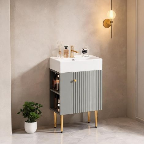 Meuble sous vasque avec vasque en céramique gris clair 55 cm (1/5)