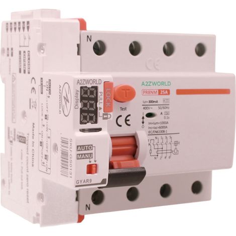 A2ZWORLD RCCB Interruttore Differenziale Puro Riarmo Automatico, Tipo A 3P+N 5M 6000A 300mA AC 400V IP20 IEC61008-1 PR8NM, Corrente Disponibili 25A 40A 63A (25A) (1/3)