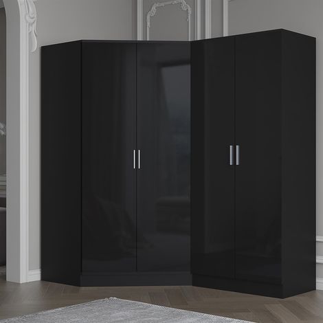 Reflect 2pc Wardrobe Bundle - 2 Door Corner + 2 Door Plain - Black Gloss & Black Oak