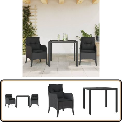 3-tlg. Garten-Essgruppe mit Kissen Schwarz Poly Rattan - Gartensessel - Gartenmöbel Set - Outdoor Möbel - Gartentisch - Rattan Sessel